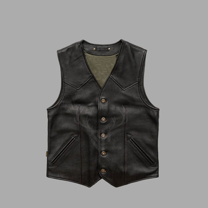 Frontal image of the Ironhide Black Goatskin MC Vest for men, featuring premium A+ goatskin leather, side lacing for a snug fit, antique brass hardware, and dual utility pockets, offering both function and bold motorcycle club aesthetics for customized biker apparel.

