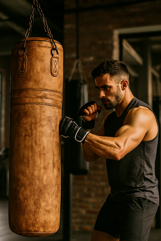 Leather heavy bag in use – boxing & MMA training