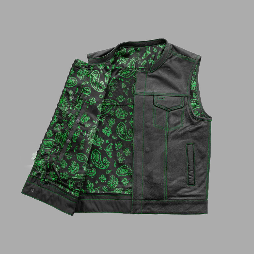 Side profile of Greenline biker vest featuring durable cowhide leather, unique printed green interior, and customizable options for motorcycle club members. A high-quality leather vest designed for long rides and bold statements