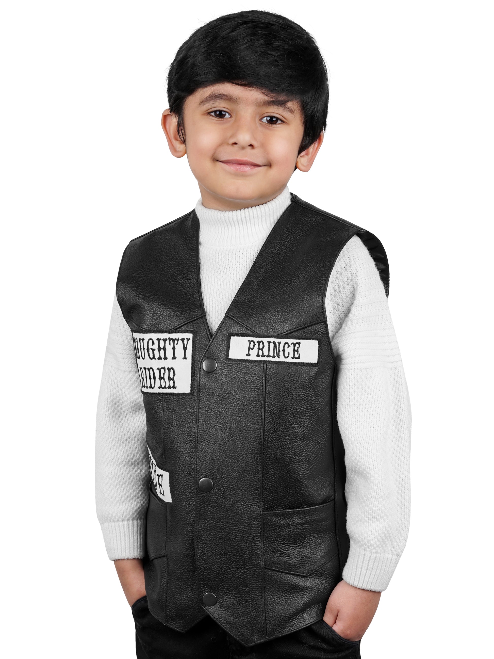 Handmade leather vest for kids with smooth polyester lining, custom embroidery, and biker aesthetics—perfect for outdoor rides and casual wear.