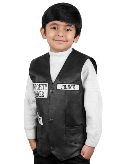 Handmade leather vest for kids with smooth polyester lining, custom embroidery, and biker aesthetics—perfect for outdoor rides and casual wear.
