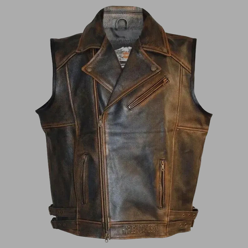 Front view of Harley Davidson men's distressed leather biker vest in two-tone brown, made from genuine cowhide leather with a classic fit and rugged detailing, ideal for motorcycle riders and club members seeking durable, authentic gear.

