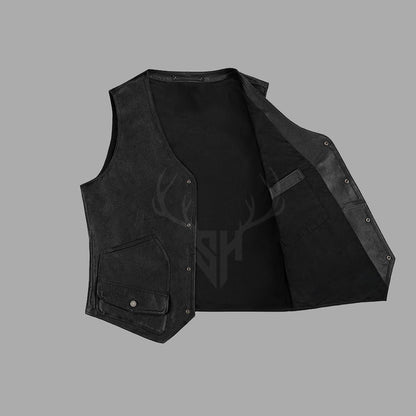 Close-up of the distressed cowhide texture and brass buttons on the Roadveil Vintage Leather Utility Vest, highlighting the premium stitching, weathered leather finish, and handmade craftsmanship that sets this MC vest apart in both quality and durability.



