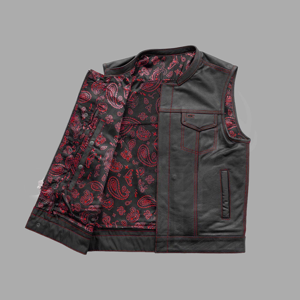 Detailed view of the red printed polyester lining, showcasing stylish interior craftsmanship, adding personality and premium quality to the biker vest.