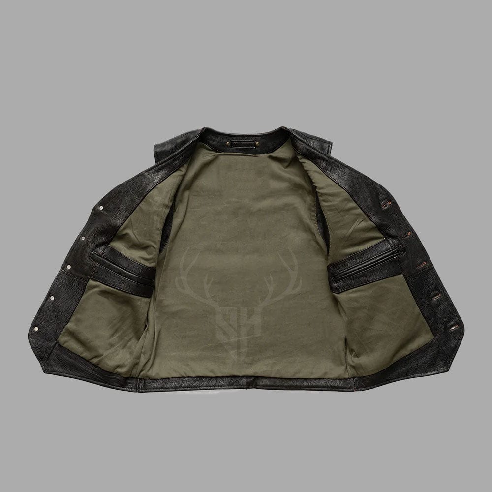 Interior view of the Ironhide Black Goatskin MC Vest, showing smooth polyester lining that enhances breathability and comfort for long wear, while the outer goatskin leather provides a bold, street-ready look tailored for bikers and club members.