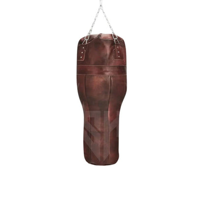 Side profile of the Ironclad Titan Uppercut Boxing Bag highlighting the angled surface designed for uppercut strikes. Made from thick cowhide leather, the bag’s rugged texture and professional stitching ensure durability during intense combat training.

