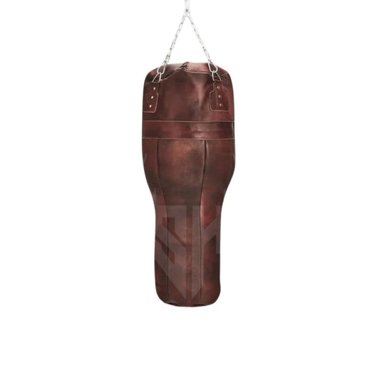 Side profile of the Ironclad Titan Uppercut Boxing Bag highlighting the angled surface designed for uppercut strikes. Made from thick cowhide leather, the bag’s rugged texture and professional stitching ensure durability during intense combat training.

