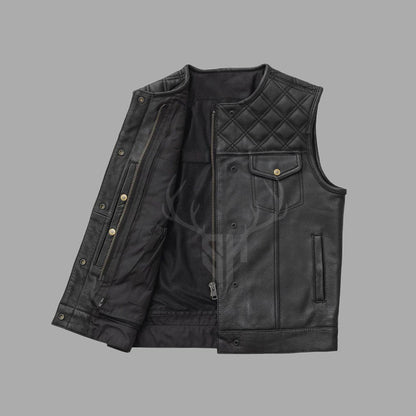 Men’s biker leather vest designed for motorcycle club riders, handcrafted from genuine cowhide leather with full customization options including patch placement, engraving, and club logo stitching—ideal for long rides and road warriors.


