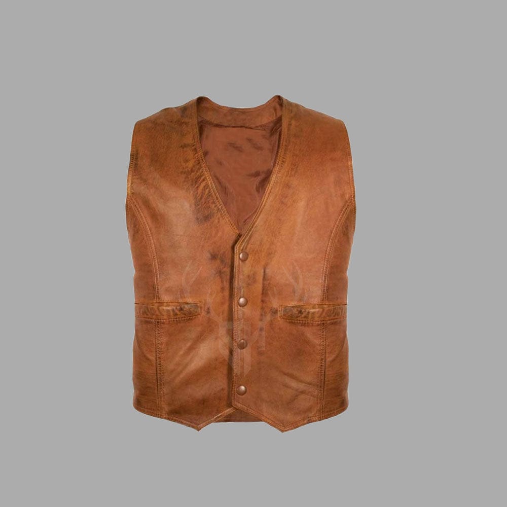 Men’s distressed brown leather biker vest made from genuine cowhide leather, featuring antique brass buttons, dual front pockets, and a fully customizable design ideal for motorcycle riders and outdoor enthusiasts