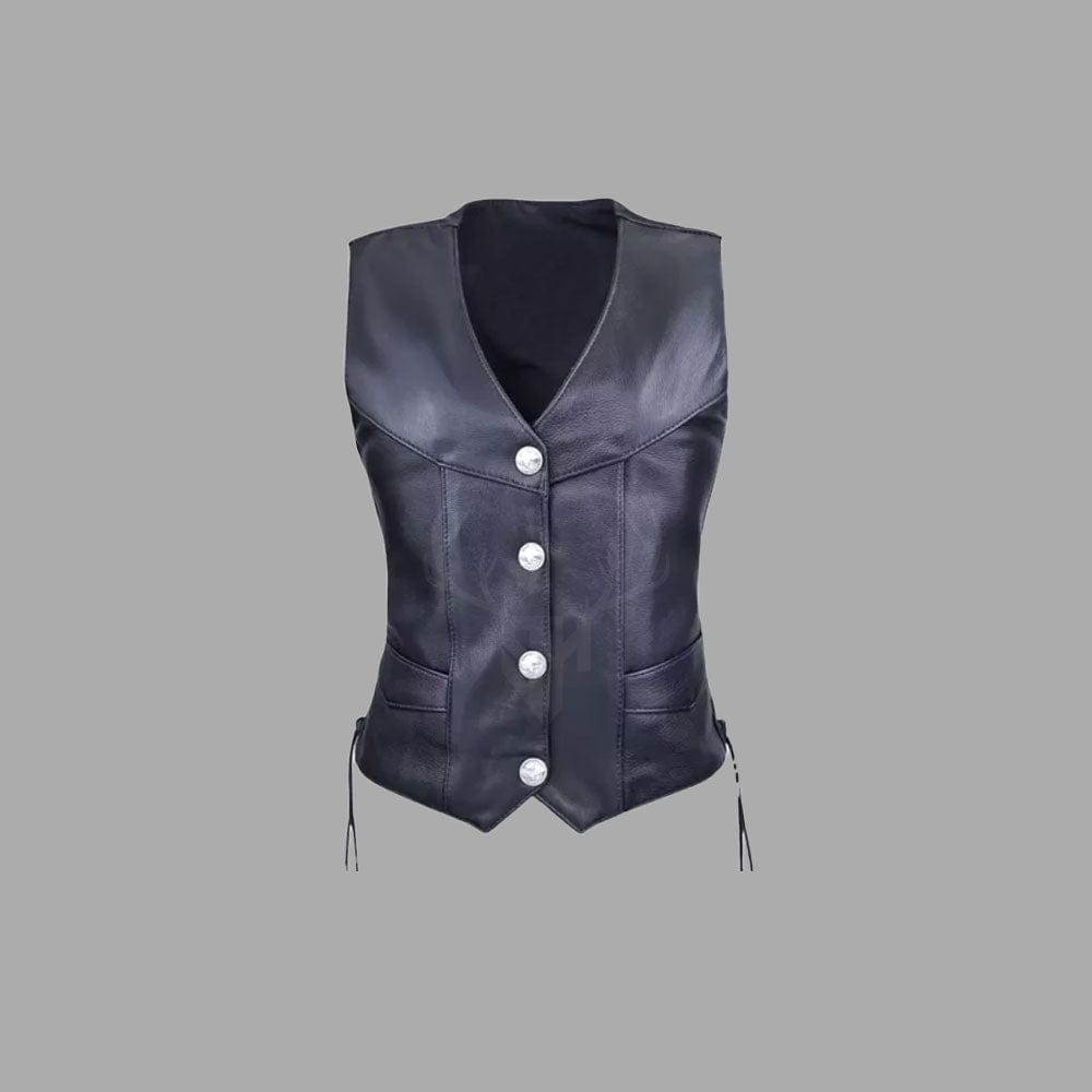 Midnight Rogue Women's Leather Biker Vest front view showcasing sleek button closure, premium A+ cowhide leather construction, and rugged brass hardware. Designed for female motorcycle riders, this stylish black vest features a tailored fit, breathable polyester lining, and customization options like club patches or engravings. Ideal for riding clubs, tours, and everyday biker fashion.