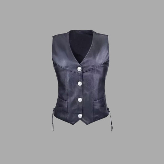Midnight Rogue Women's Leather Biker Vest front view showcasing sleek button closure, premium A+ cowhide leather construction, and rugged brass hardware. Designed for female motorcycle riders, this stylish black vest features a tailored fit, breathable polyester lining, and customization options like club patches or engravings. Ideal for riding clubs, tours, and everyday biker fashion.
