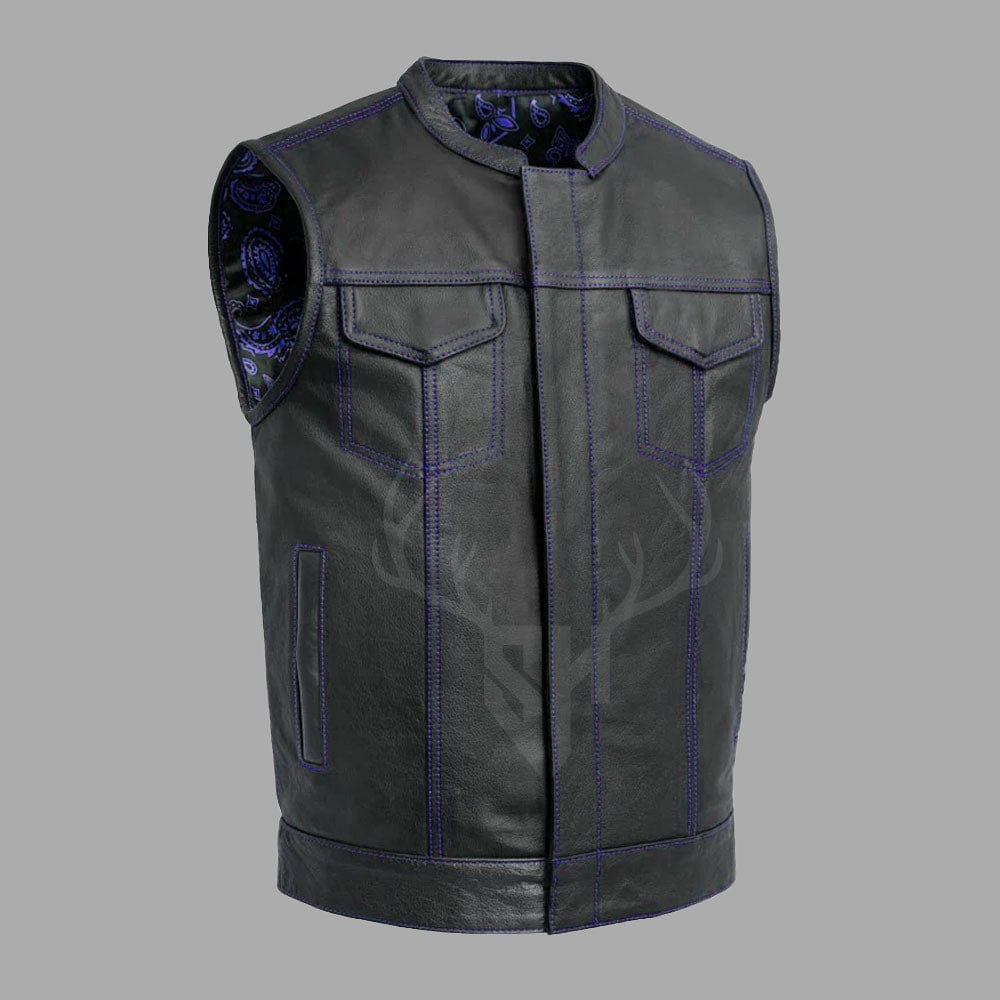 Motorcycle leather vest with a bold printed lining, crafted from durable A+ cowhide for bikers seeking rugged style and full customization options.