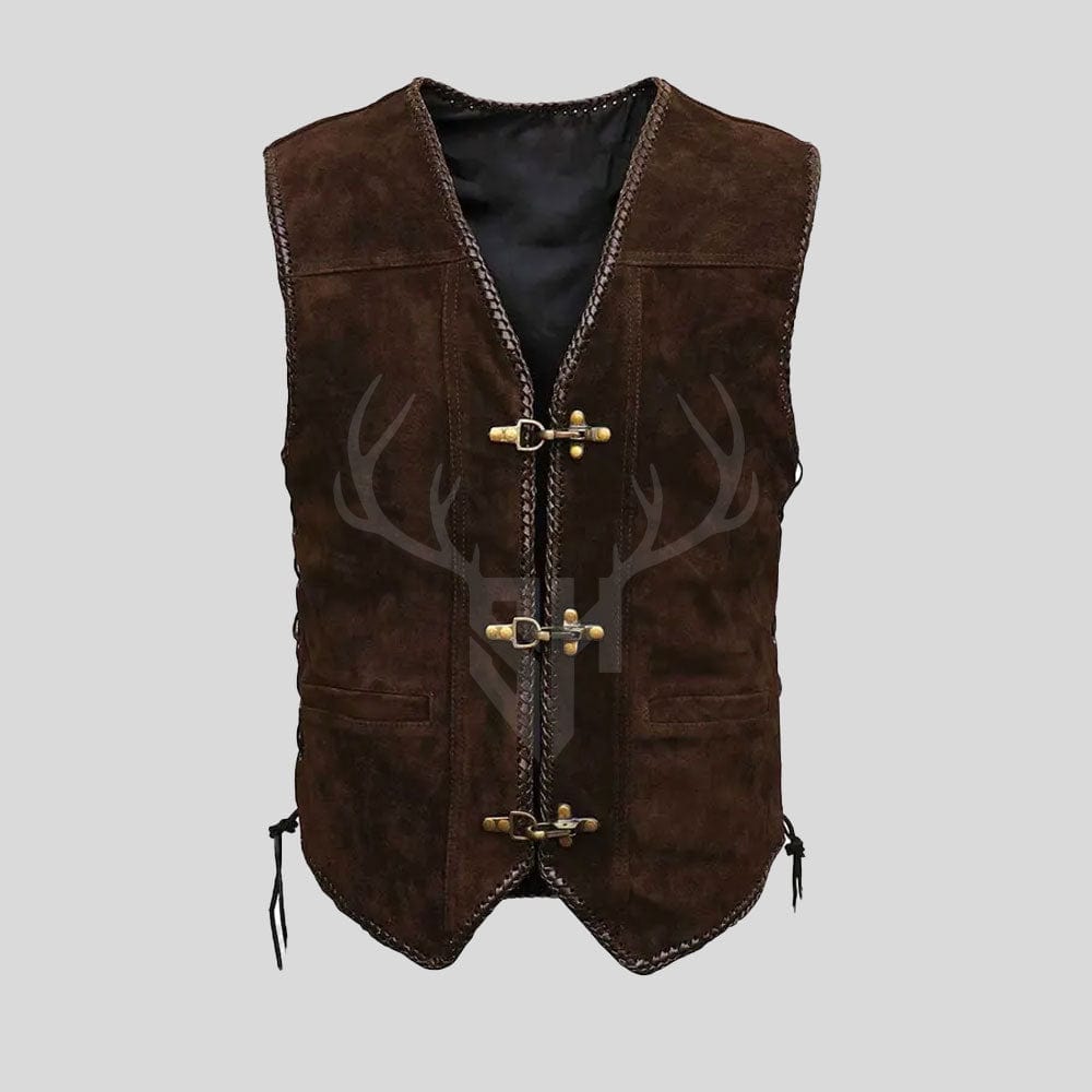Outlaw Spirit chocolate brown suede leather vest made from nubuck cowhide, featuring ribbed shoulder design, hook closure front, and smooth polyester inner lining.