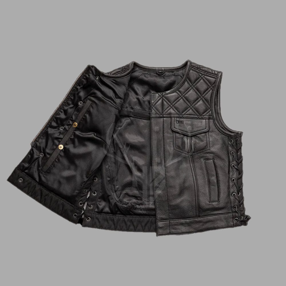 Premium biker vest crafted in black cowhide leather with side laces for flexibility, polyester inner lining for breathability, and customizable details for motorcycle club members.