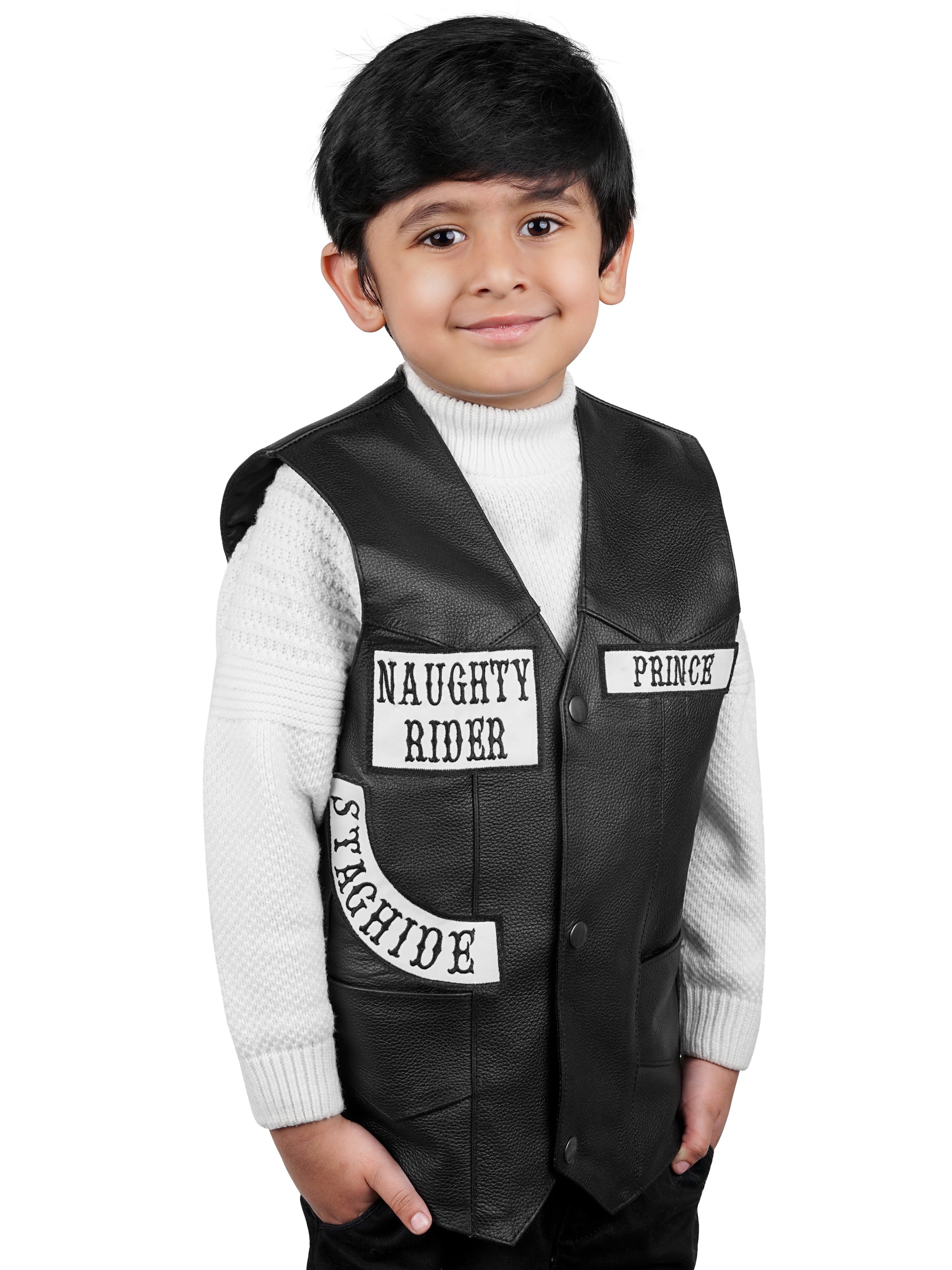 Premium cowhide leather vest for kids with embroidered name, club patches, and adjustable sizing—crafted for comfort and standout biker style.