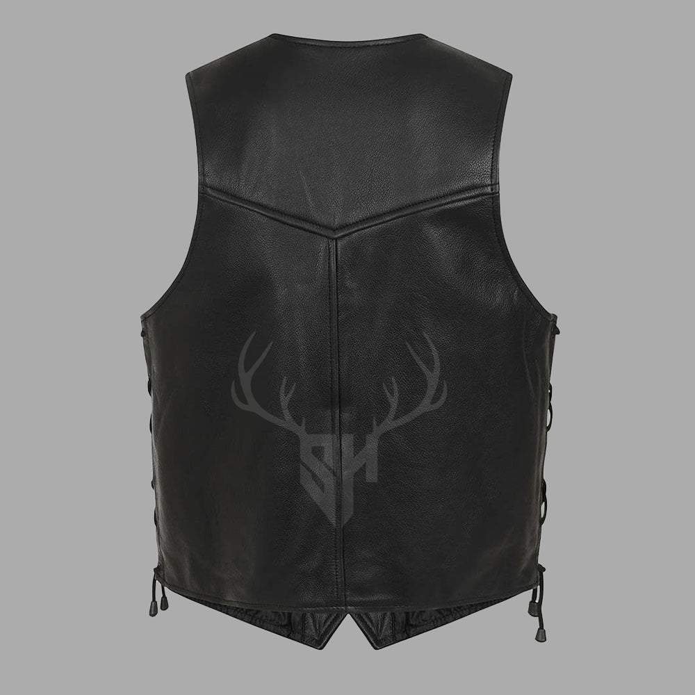 Rear shot of the RiderX black cowhide leather motorcycle vest, showcasing clean lines perfect for patch customization. Handmade with care, this vest features breathable polyester lining, side lace closures, and a rugged look tailored for bikers and club wear.