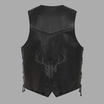 Rear shot of the RiderX black cowhide leather motorcycle vest, showcasing clean lines perfect for patch customization. Handmade with care, this vest features breathable polyester lining, side lace closures, and a rugged look tailored for bikers and club wear.