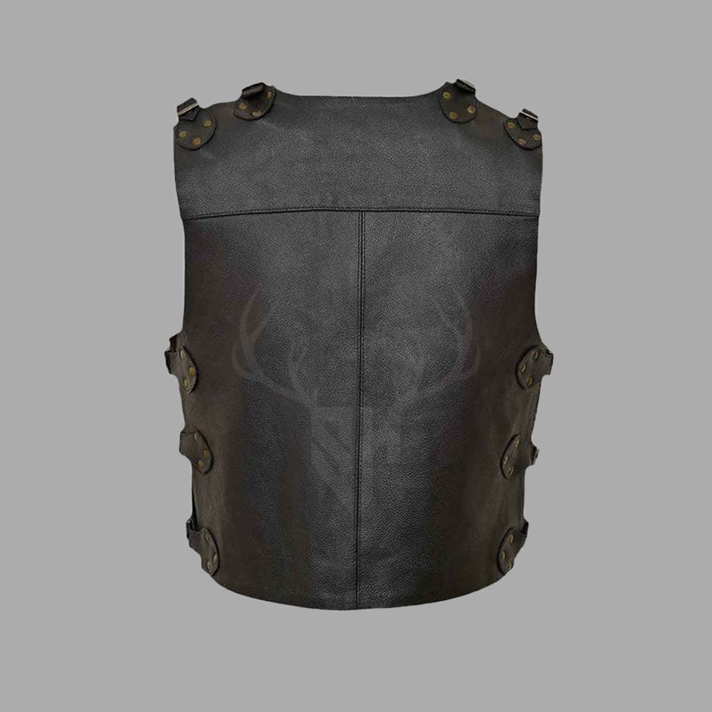 Rear view of Gravemarch Black Buffalo Leather MC Vest highlighting back panel design, clean stitching, adjustable side straps, and durable buffalo leather construction with a matte black finish.


