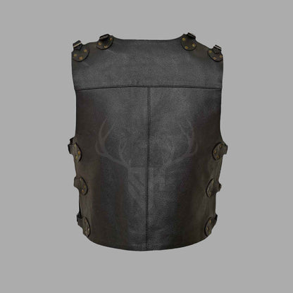 Rear view of Gravemarch Black Buffalo Leather MC Vest highlighting back panel design, clean stitching, adjustable side straps, and durable buffalo leather construction with a matte black finish.

