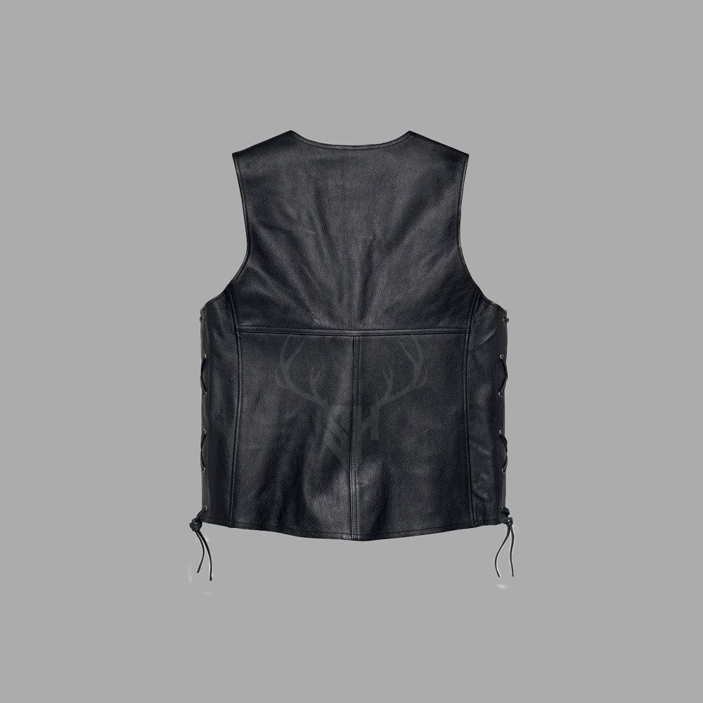 Rear view of black goat leather MC vest showing broad back panel for large patches, smooth leather finish, and adjustable laced sides for secure biker fit.