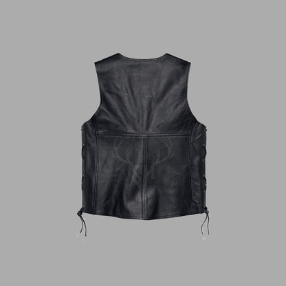 Rear view of black goat leather MC vest showing broad back panel for large patches, smooth leather finish, and adjustable laced sides for secure biker fit.