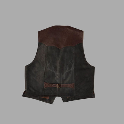  Rear view of men's dual-tone leather biker vest showing a large smooth back panel for custom patches or club branding, with adjustable side laces and rugged cowhide texture.