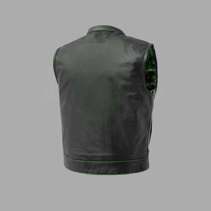 Rear view of the Greenline leather motorcycle vest with full cowhide leather build, spacious back panel for patchwork or engravings, and rugged biker style ideal for club representation.

