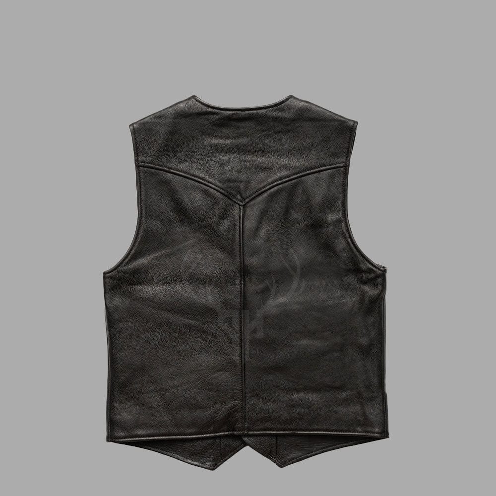 Rear view of the Ironhide Black Goatskin Motorcycle Club Vest, ideal for showcasing potential patch placement, high-quality stitching, and the vintage shine of goatskin leather, designed specifically for men’s biker style and club customization.

