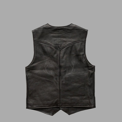 Rear view of the Ironhide Black Goatskin Motorcycle Club Vest, ideal for showcasing potential patch placement, high-quality stitching, and the vintage shine of goatskin leather, designed specifically for men’s biker style and club customization.

