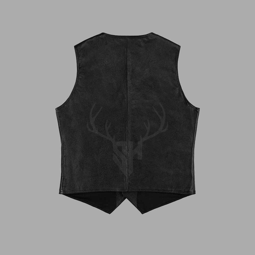 Rear view of the Roadveil Vintage Leather Utility Vest in matte distressed black finish, emphasizing the strong cowhide leather construction and clean panel perfect for club patches or custom engravings. Built for motorcycle club riders and western streetwear enthusiasts.

