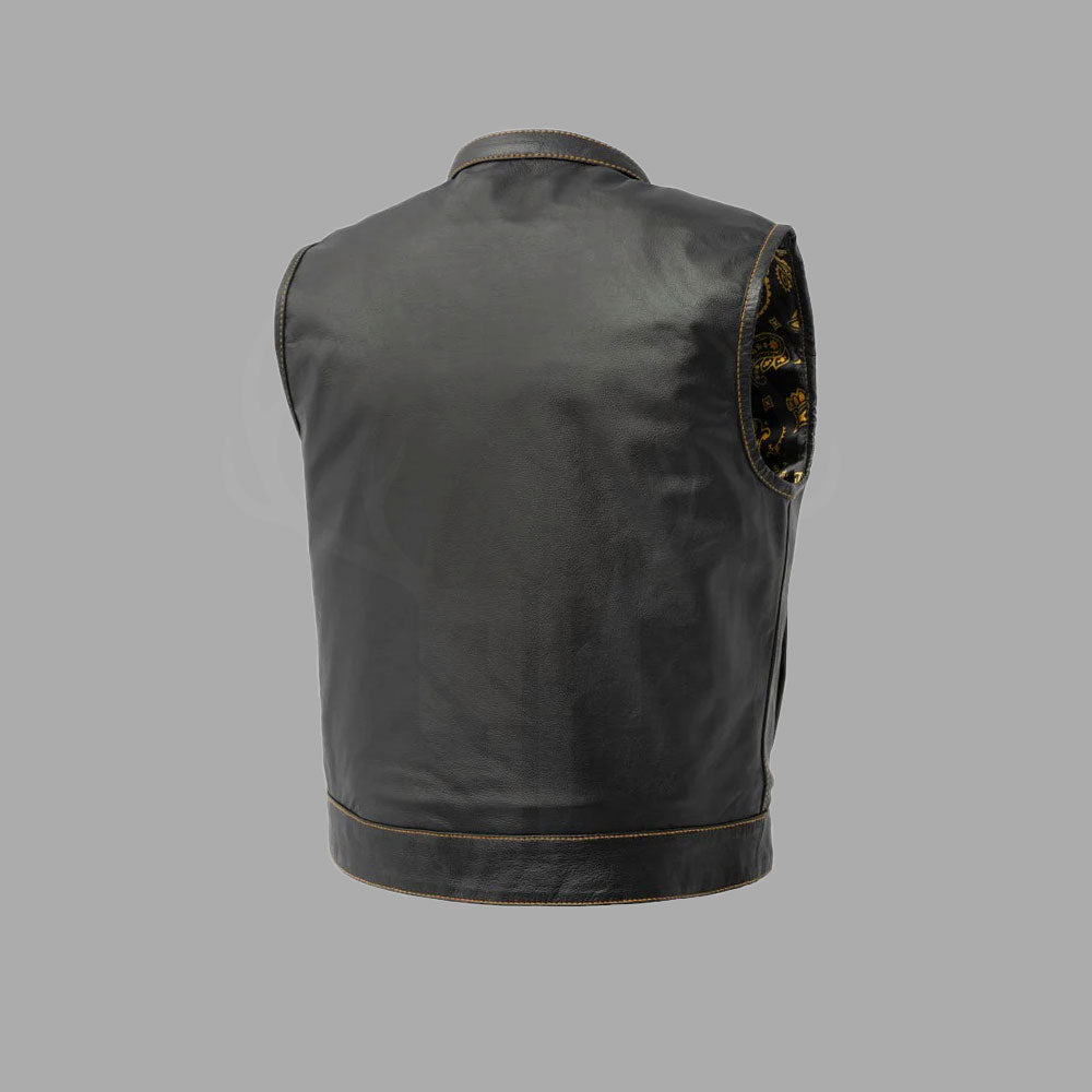 Rear view of the Yellowforge biker vest made from full-grain A+ cowhide leather. The back is clean and patch-ready, designed for easy customization with club logos or personal artwork. The brown leather exterior contrasts with the hidden yellow printed interior, perfect for riders wanting a stylish and functional MC vest