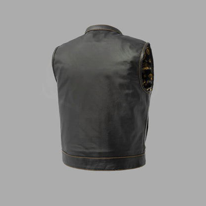 Rear view of the Yellowforge biker vest made from full-grain A+ cowhide leather. The back is clean and patch-ready, designed for easy customization with club logos or personal artwork. The brown leather exterior contrasts with the hidden yellow printed interior, perfect for riders wanting a stylish and functional MC vest