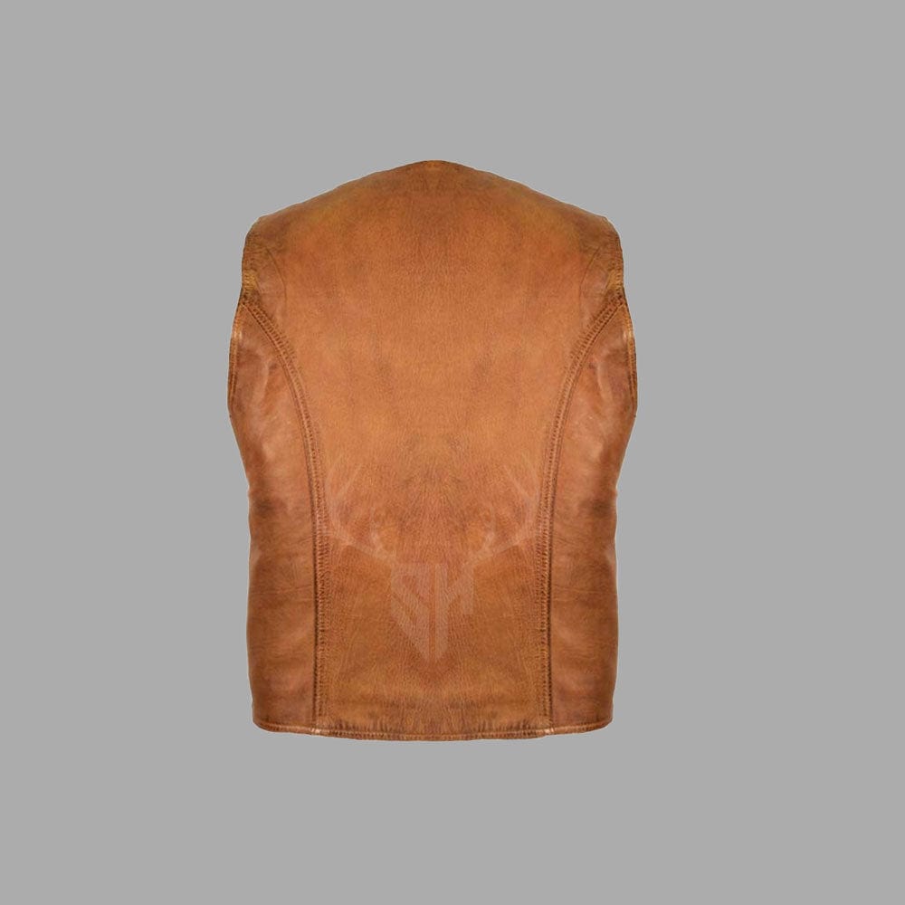 Rear view of the men’s distressed biker vest with large customizable back panel ideal for patches, embroidery, or club logos, designed for motorcycle club riders.