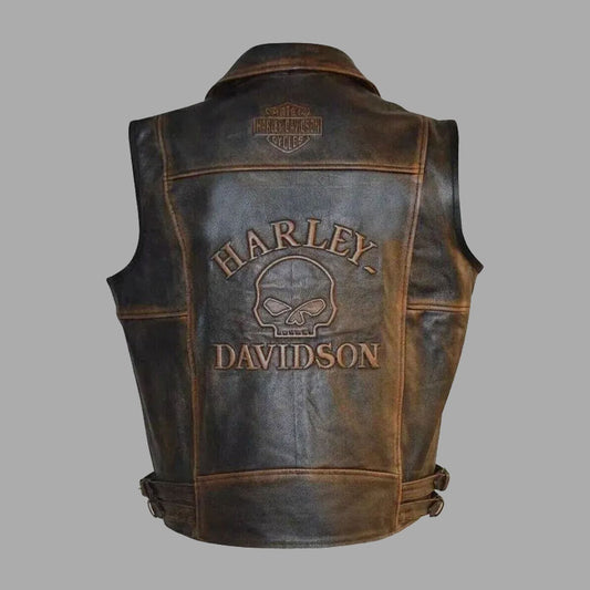 Rear view showing the Harley Davidson knuckle emblem embossed into the distressed leather. A powerful and unique design feature, capturing vintage biker attitude with high-end craftsmanship for men who ride with pride.

