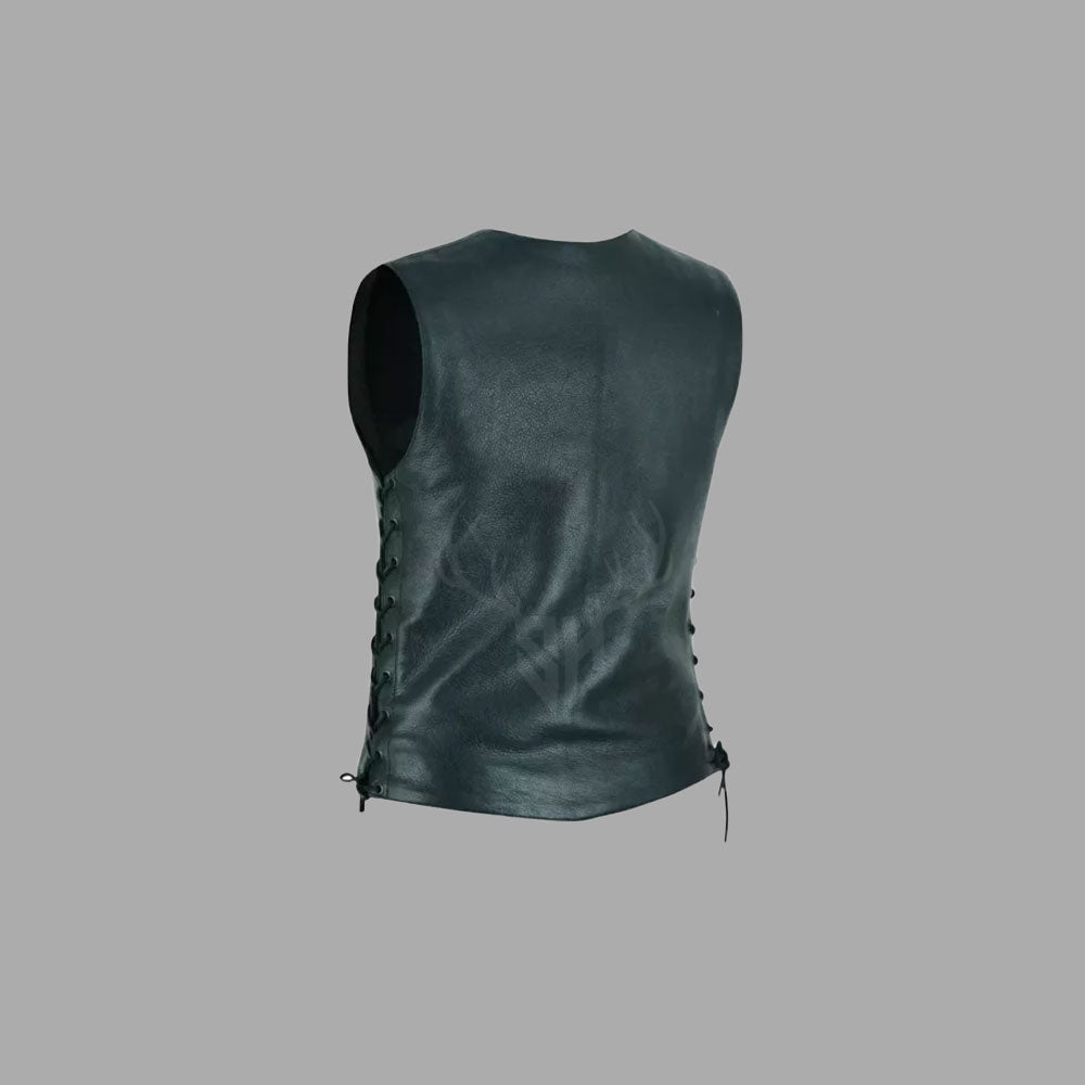 RebelRose studded leather motorcycle vest for women, featuring side-lace adjustability, premium cowhide, and breathable lining for all-day rider comfort.