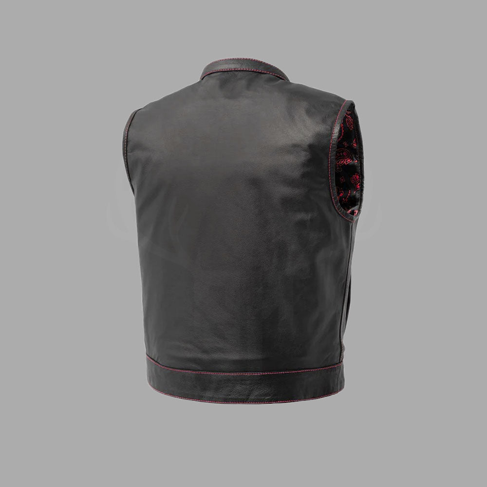 Rear view of the Redline Cowhide Biker Vest showing precise stitching, high-quality leather texture, and club-patch-ready design, perfect for personalized biker club vests.