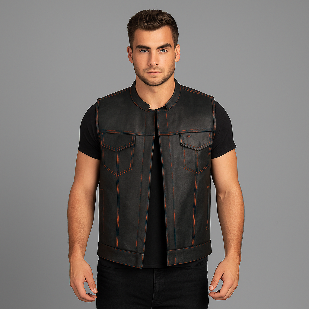 Redline Cowhide Biker Vest – Custom Lined Leather Vest leather biker vest by Staghide