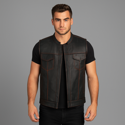 Redline Cowhide Biker Vest – Custom Lined Leather Vest leather biker vest by Staghide