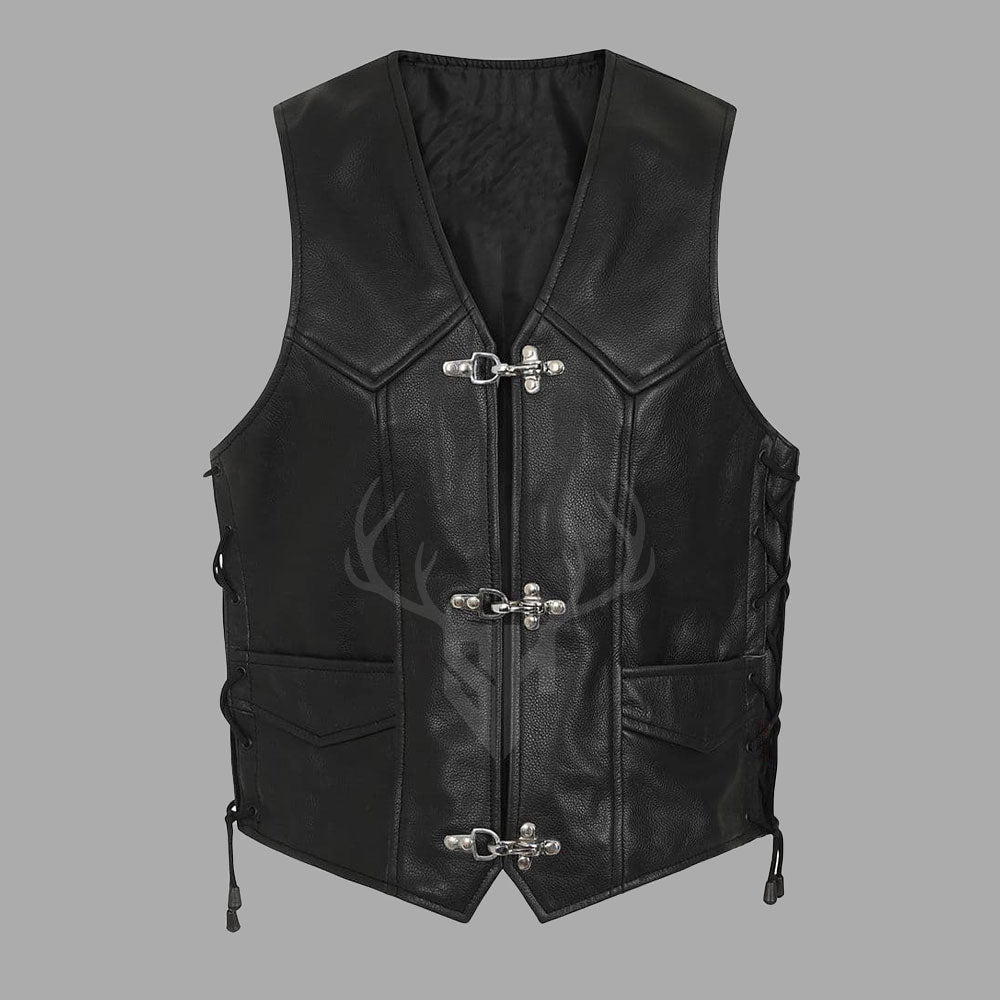RiderX black cowhide leather biker vest for men featuring side lace closures, secure hook front, and four external pockets. Ideal for motorcycle club riders, this customizable leather vest offers rugged style and is handcrafted from premium cowhide for long-lasting durability and bold streetwear fashion.

