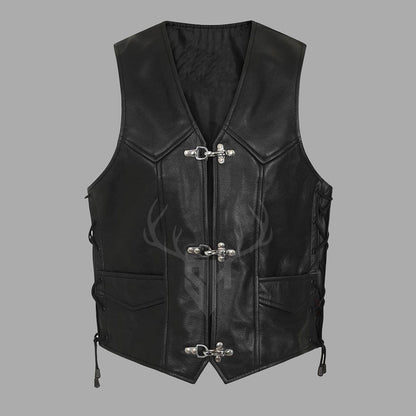 RiderX black cowhide leather biker vest for men featuring side lace closures, secure hook front, and four external pockets. Ideal for motorcycle club riders, this customizable leather vest offers rugged style and is handcrafted from premium cowhide for long-lasting durability and bold streetwear fashion.

