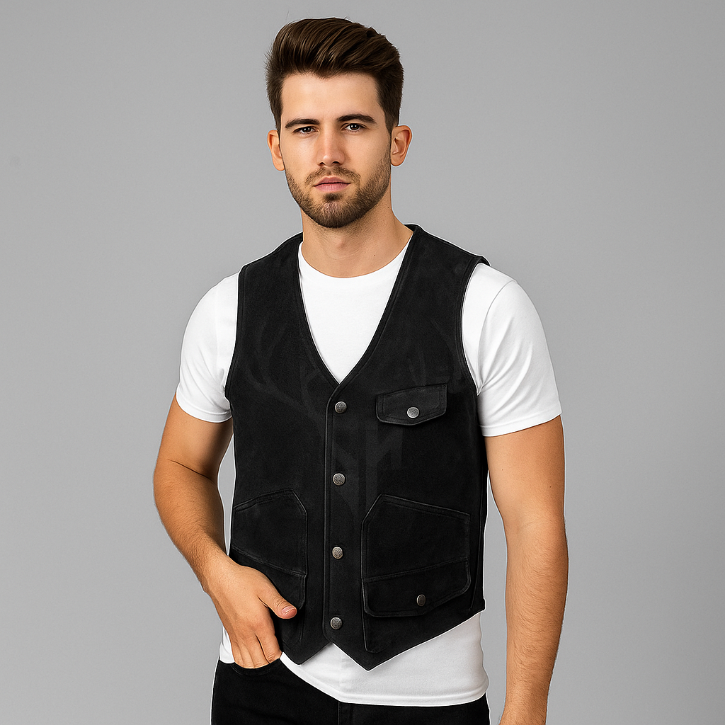 Roadveil Vintage Leather Utility Vest – Black leather biker vest by Staghide