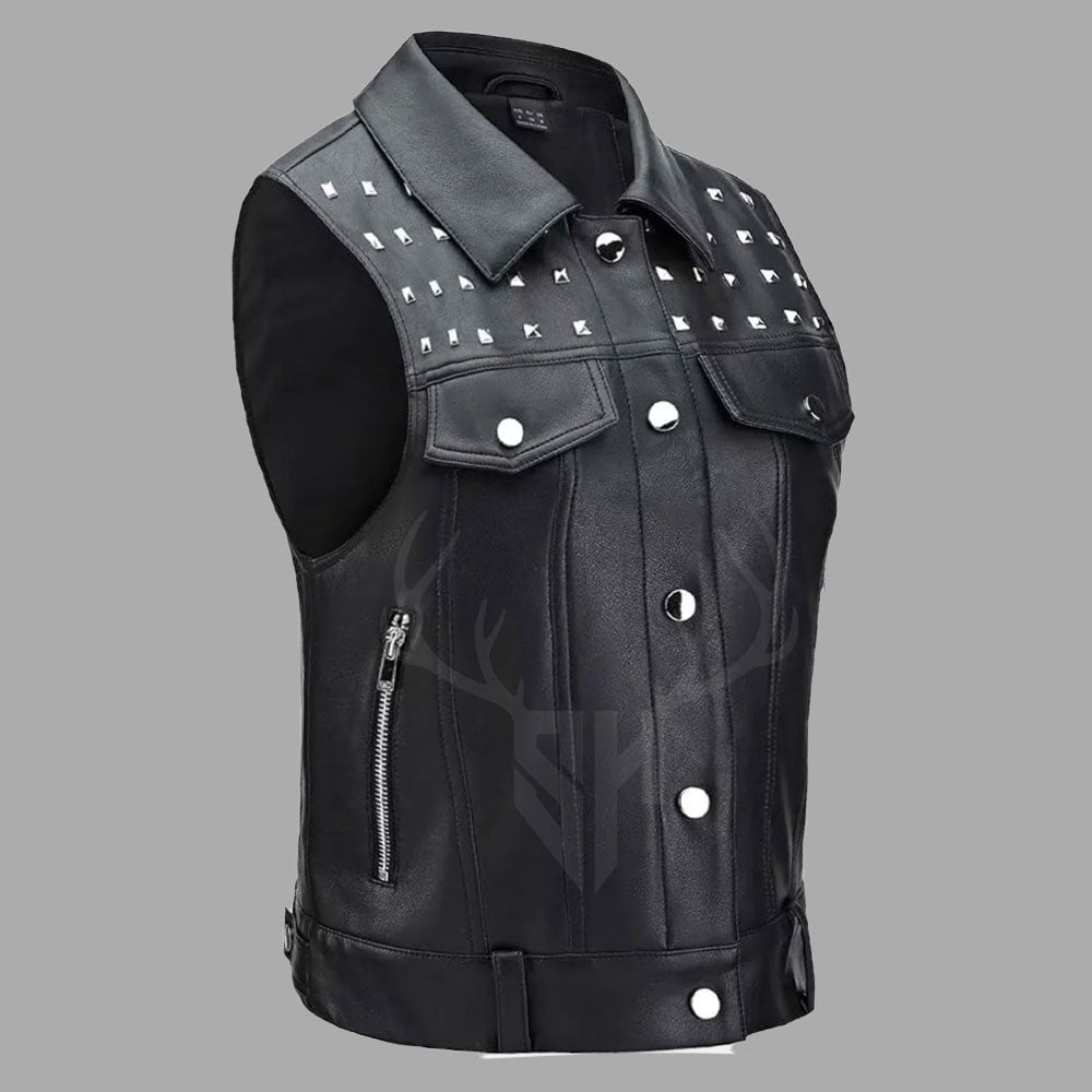 Rugged cowhide biker vest with metal studs, designed for motorcycle club members who seek personalized gear with durable construction and rebellious style.