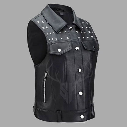 Rugged cowhide biker vest with metal studs, designed for motorcycle club members who seek personalized gear with durable construction and rebellious style.