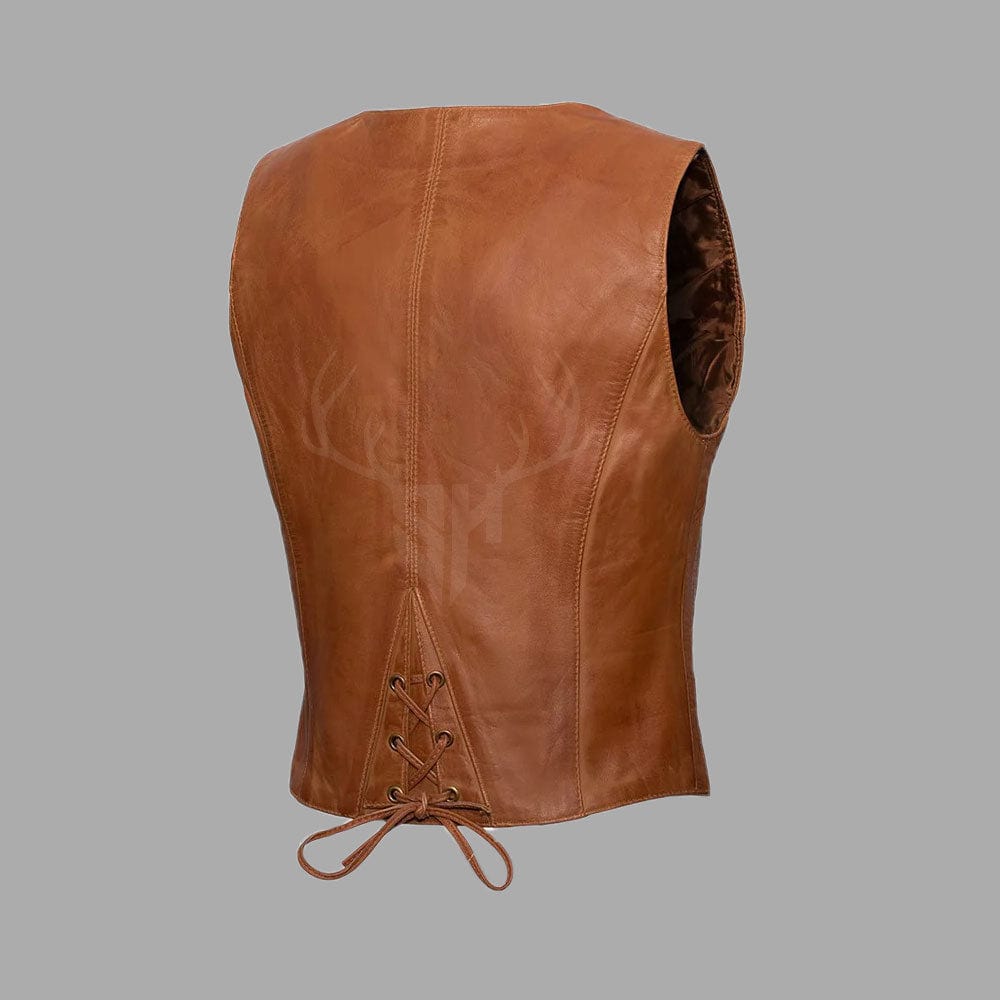 Back view of the Rustic Rider Women's Brown Leather Vest showing the adjustable lace-up design for a secure and flattering fit. Made from genuine cowhide leather, it combines durability with a feminine edge, perfect for biker events or riding gear personalization.

