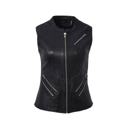 ShadowRider Femme women’s biker vest in premium black cowhide leather with zippered closure, tailored for female riders seeking rugged club-style gear.