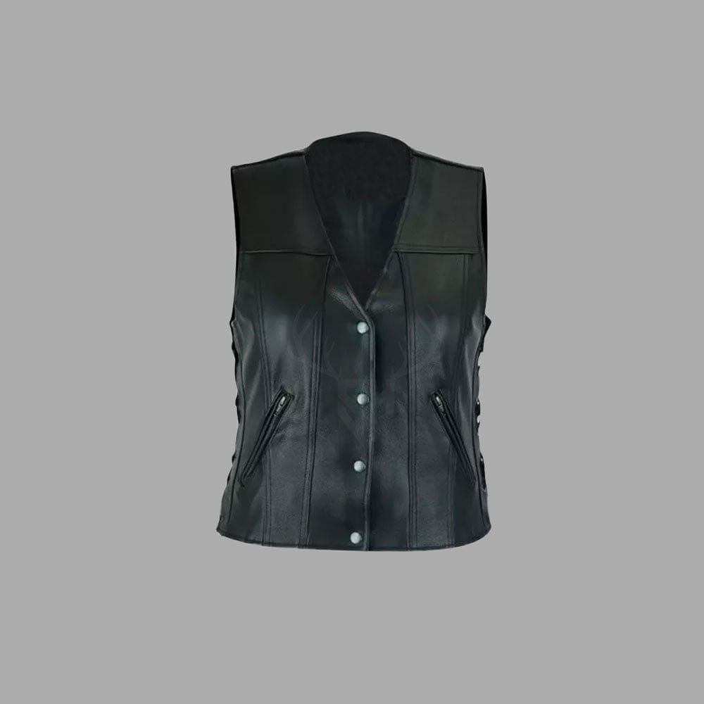 Side-laced cowhide biker vest for ladies – Black Thunder design