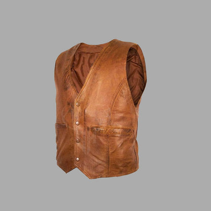 Side angle of the rugged brown cowhide leather vest showing structured shoulders and antique brass button details, highlighting the classic biker silhouette and durable construction.