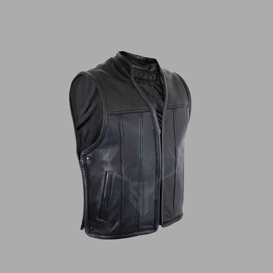 Side profile image showing the adjustable snap side closures with extenders for a tailored fit on the ProRider cowhide leather vest. Highlighting functional biker design, this vest combines rugged utility and sleek fashion for motorcycle riders. Polyester-lined interior provides all-day breathable comfort on the road