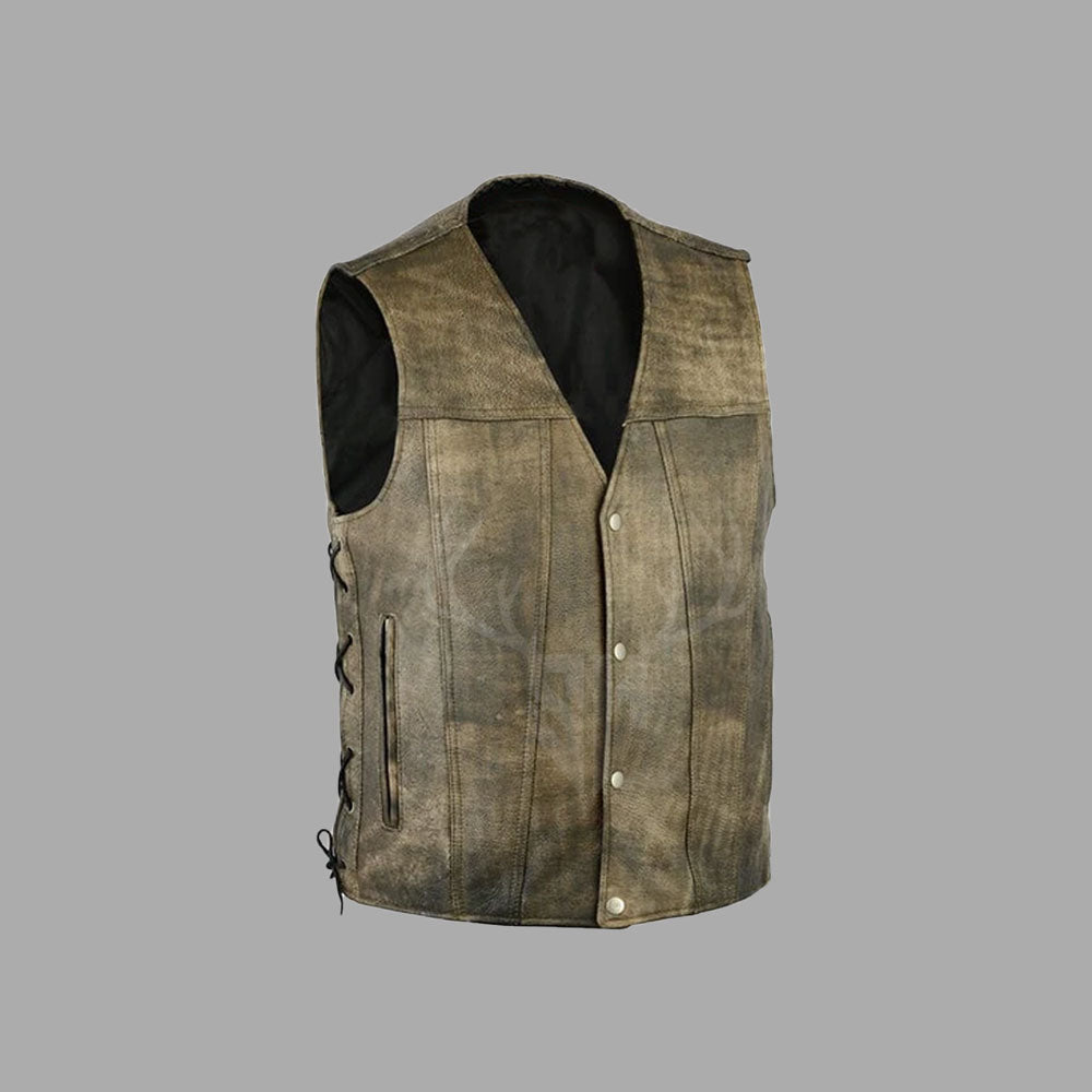 Side profile of Goldflare Vintage Leather Vest with focus on lace closure and pocket detailing. Captures durable cowhide leather with distressed gold tone, designed for adjustable fit and rugged style. Ideal for product detail views for biker lifestyle shops.

