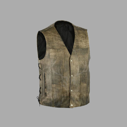 Side profile of Goldflare Vintage Leather Vest with focus on lace closure and pocket detailing. Captures durable cowhide leather with distressed gold tone, designed for adjustable fit and rugged style. Ideal for product detail views for biker lifestyle shops.

